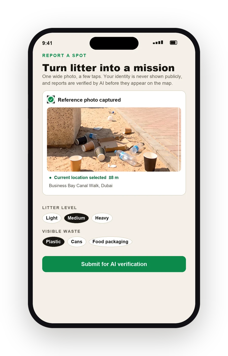 Report a spot: one wide in-app photo and a Dubai location